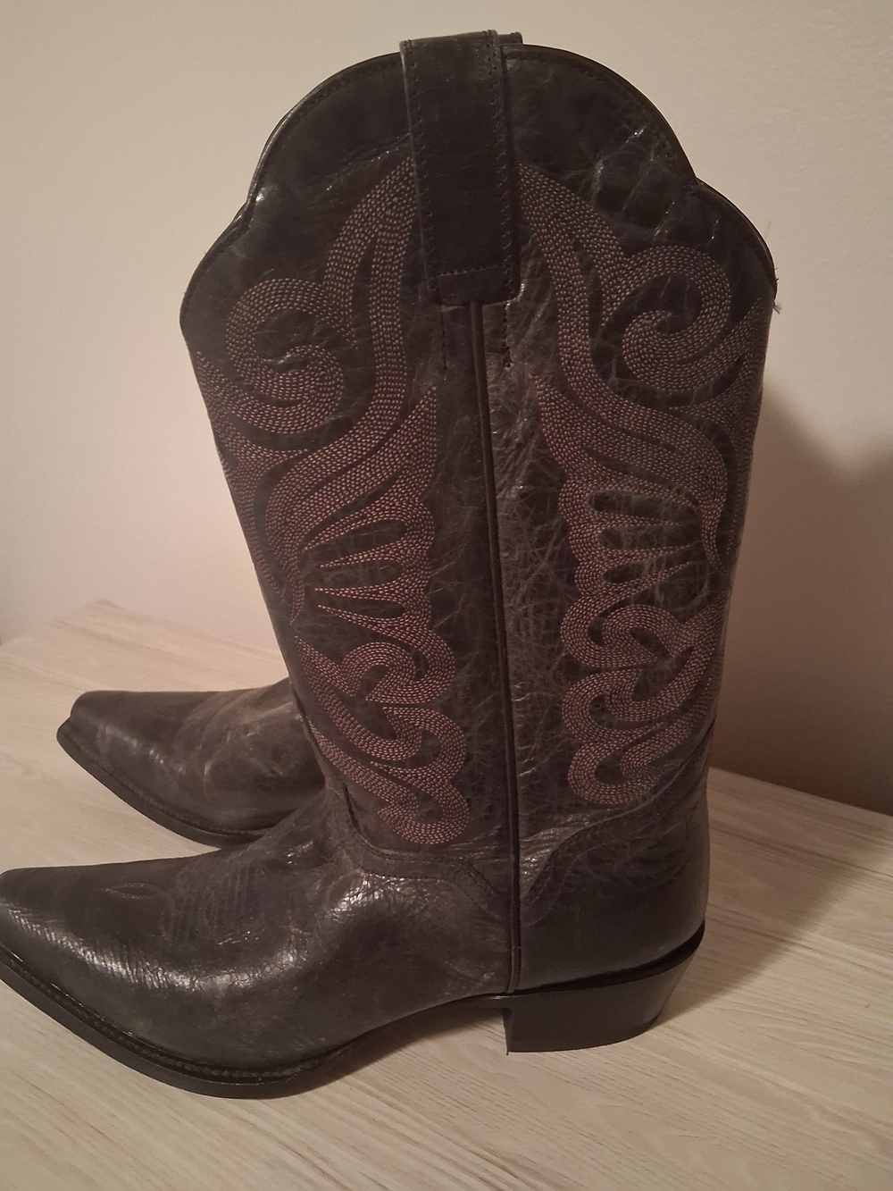 J.B. Dillon Women's Black Distressed Cowboy Embroidered Leather Boots